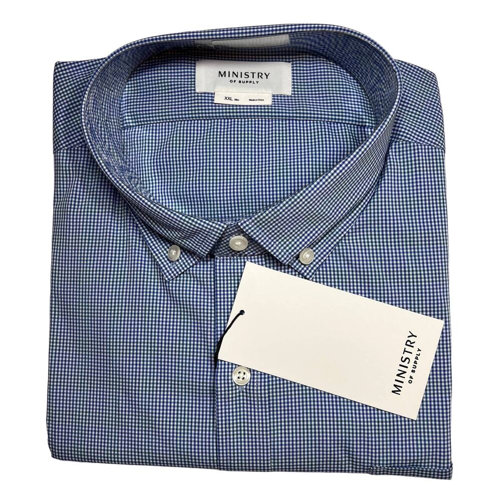 Ministry of Supply Mens Gemini Blue Check‎ Shirt XXL Slim New